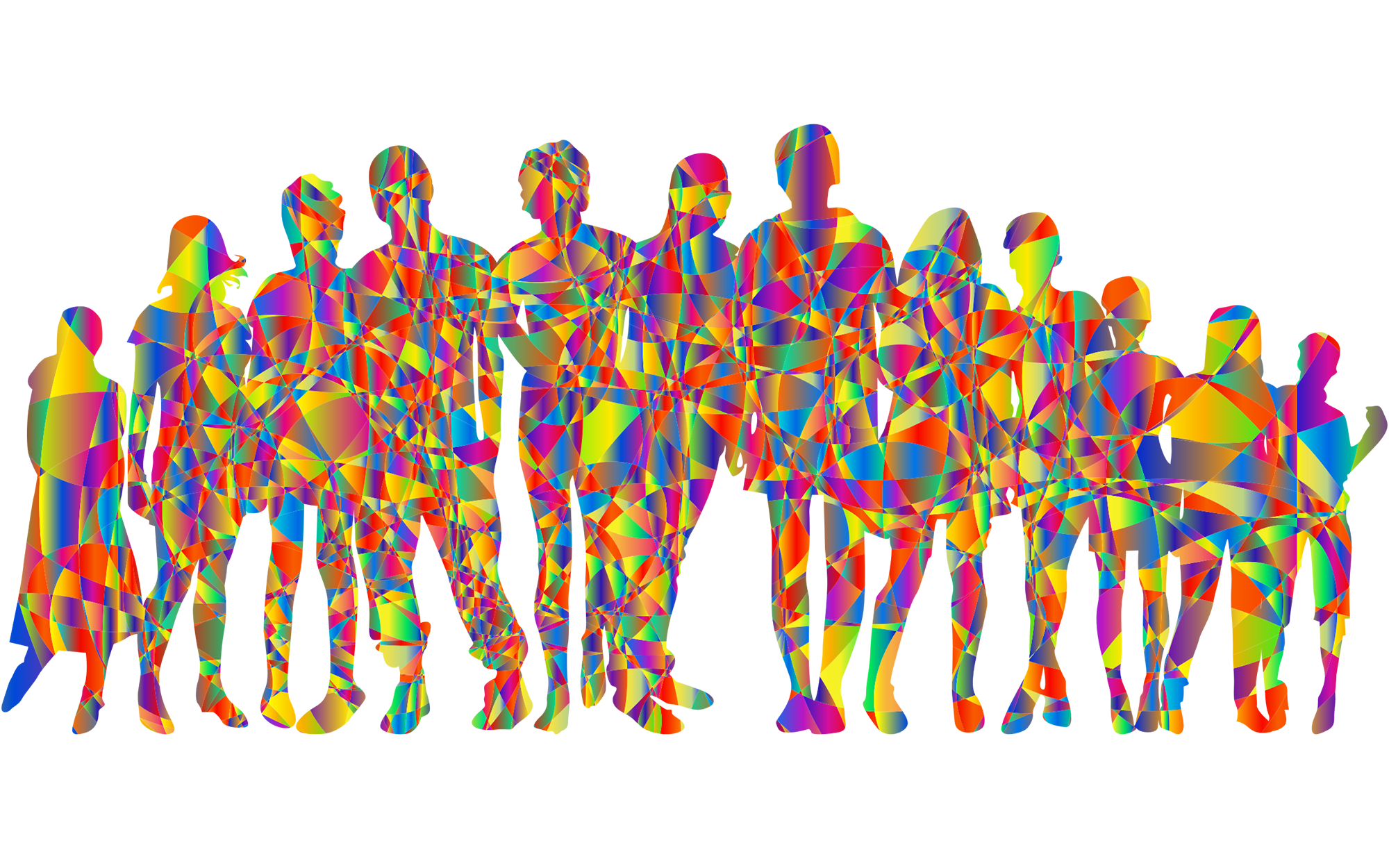 A group of human silhouettes rendered in abstract tesselated colors